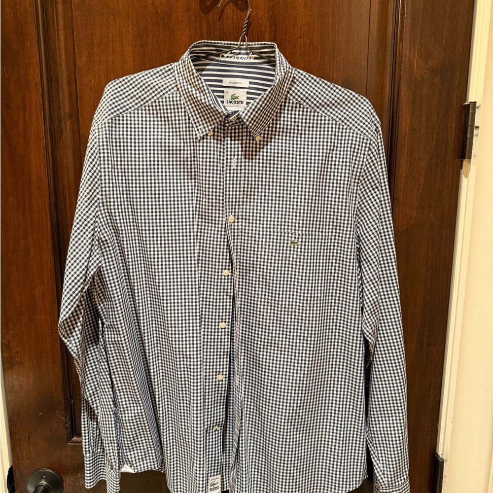 Lacoste Men's Black and White Gingham checkered button-up Dress Shirt - S/M